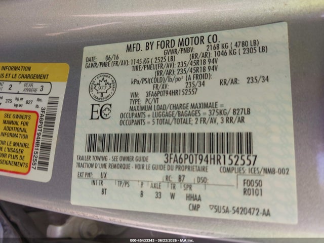 Ford FUSION SE 2017 3FA6P0T94HR152557 Image 9