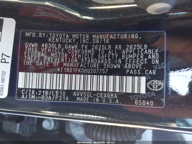 4T1BD1FK0HU207757 Toyota Camry Hybrid Xle