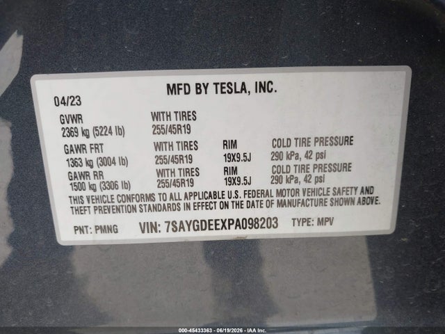 45433363 :رقم المزاد ، 7SAYGDEEXPA098203 vin ، 2023 Tesla Model Y Awd/long Range Dual Motor All-wheel Drive مزاد بيع