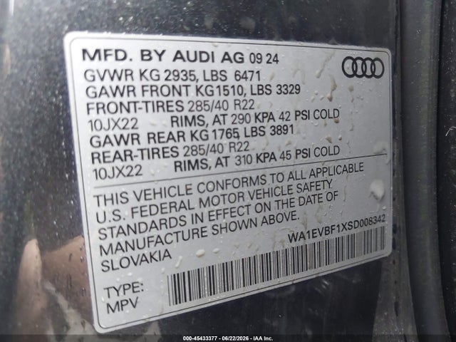 Продажа на аукционе авто 2025 Audi Q8 Premium Plus 55 Tfsi Quattro, vin: WA1EVBF1XSD008342, номер лота: 45433377