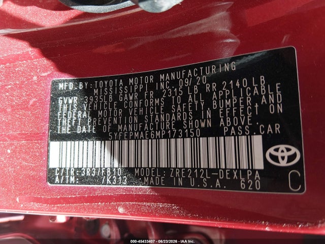 Toyota COROLLA LE 2021 5YFEPMAE6MP173150 Image 9