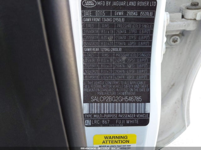 45433434 :رقم المزاد ، SALCP2BG2GH546785 vin ، 2016 Land Rover Discovery Sport Se مزاد بيع