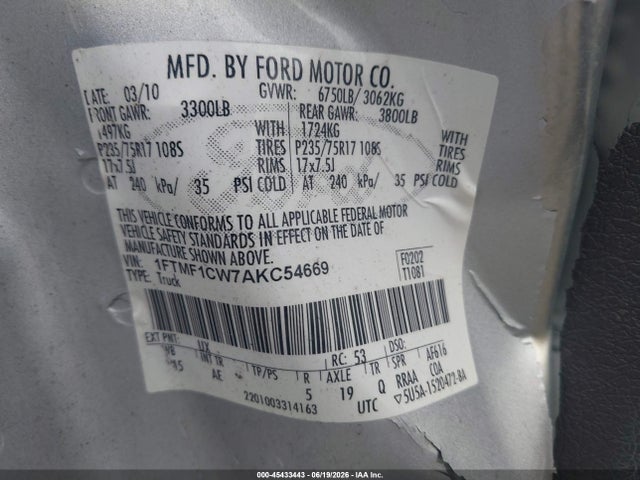 Aukcja sprzedaży 2010 Ford F-150, vin: 1FTMF1CW7AKC54669, numer aukcji: 45433443
