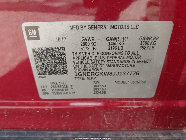 2018 Chevrolet Traverse Lt Cloth მანქანა იყიდება აუქციონზე, vin: 1GNERGKW8JJ137776, აუქციონის ნომერი: 45433446