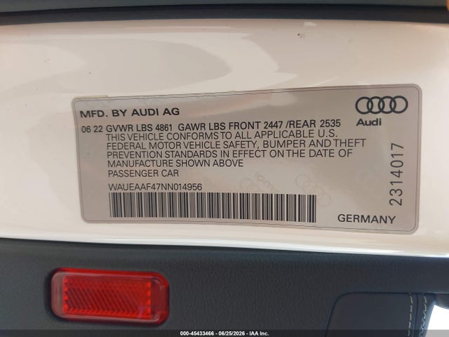 Продаж на аукціоні авто 2022 Audi A4 Premium Plus 45 Tfsi S Line Quattro S Tronic, vin: WAUEAAF47NN014956, номер лоту: 45433466