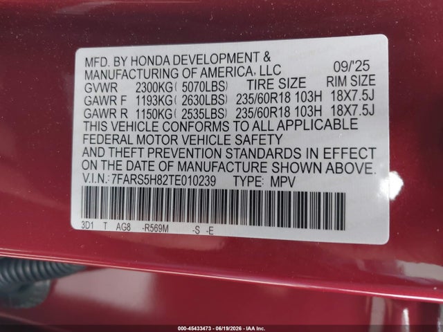 Aukcja sprzedaży 2026 Honda Cr-v Hybrid 2wd Sport-l, vin: 7FARS5H82TE010239, numer aukcji: 45433473