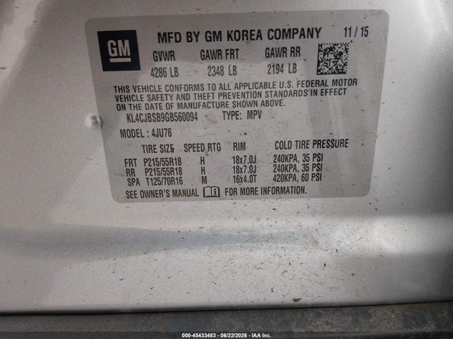 45433483 :رقم المزاد ، KL4CJBSB9GB560094 vin ، 2016 Buick Encore Convenience مزاد بيع