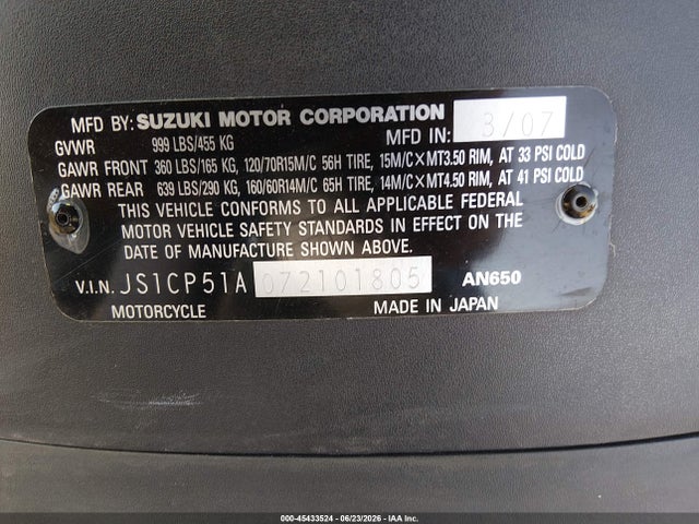 Продажа на аукционе авто 2007 Suzuki An650, vin: JS1CP51A072101805, номер лота: 45433524