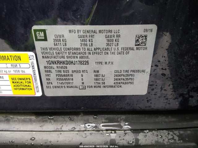 Продажа на аукционе авто 2017 Chevrolet Traverse 2lt, vin: 1GNKRHKD0HJ178226, номер лота: 45433529