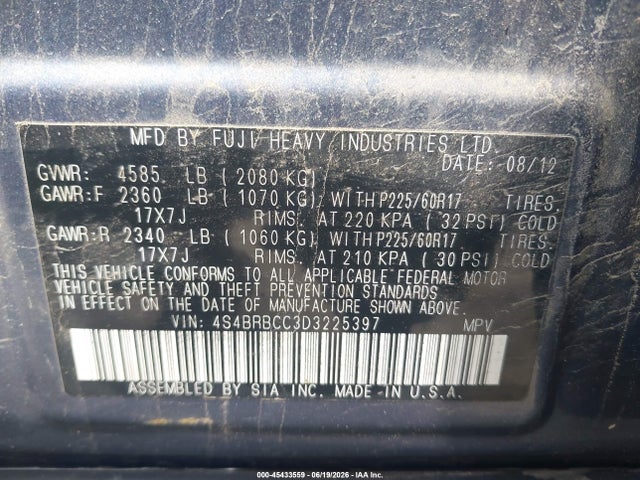 45433559 :رقم المزاد ، 4S4BRBCC3D3225397 vin ، 2013 Subaru Outback 2.5i Premium مزاد بيع