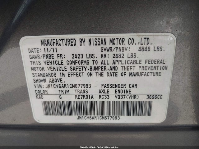 Продажа на аукционе авто 2012 Infiniti G37x, vin: JN1CV6AR1CM677993, номер лота: 45433564
