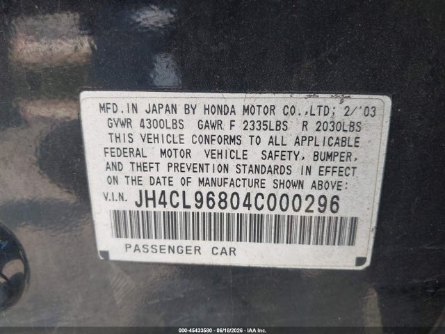 2004 Acura Tsx მანქანა იყიდება აუქციონზე, vin: JH4CL96804C000296, აუქციონის ნომერი: 45433580