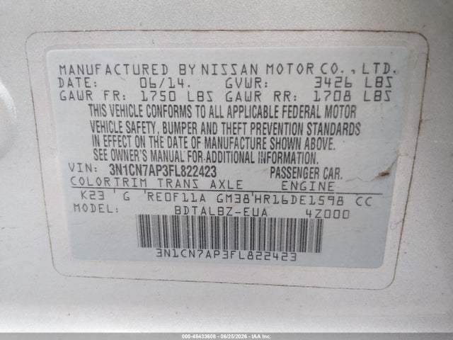 Продаж на аукціоні авто 2015 Nissan Versa 1.6 Sv, vin: 3N1CN7AP3FL822423, номер лоту: 45433608