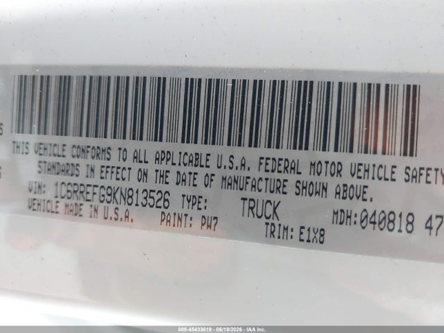 Продаж на аукціоні авто 2019 Ram 1500 Big Horn/lone Star  4x2 5'7 Box, vin: 1C6RREFG9KN813526, номер лоту: 45433619