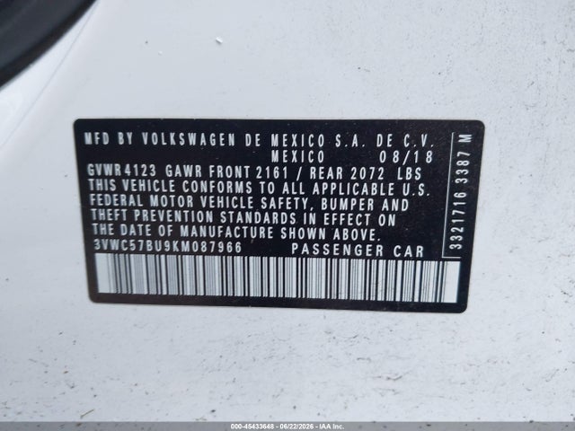 2019 Volkswagen Jetta 1.4t R-line/1.4t S/1.4t Se მანქანა იყიდება აუქციონზე, vin: 3VWC57BU9KM087966, აუქციონის ნომერი: 45433648