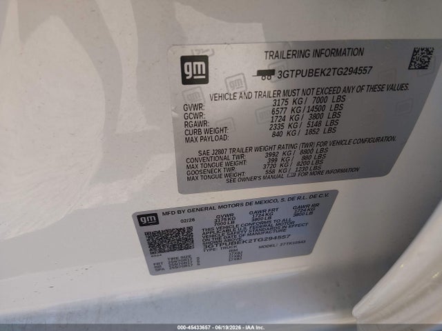 2026 Gmc Sierra 1500 , Short Bed, Sle, 4wd მანქანა იყიდება აუქციონზე, vin: 3GTPUBEK2TG294557, აუქციონის ნომერი: 45433657