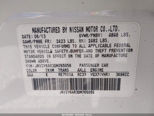 Продажа на аукционе авто 2013 Infiniti G37x, vin: JN1CV6AR3DM765056, номер лота: 45433693