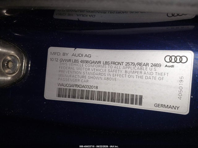45433710 :رقم المزاد ، WAUCGAFRXDA032018 vin ، 2013 Audi S5 3.0t Premium Plus مزاد بيع