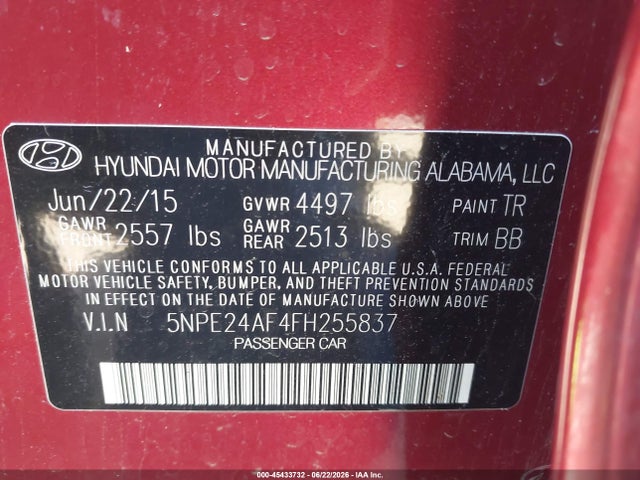 5NPE24AF4FH255837 Hyundai SONATA SE