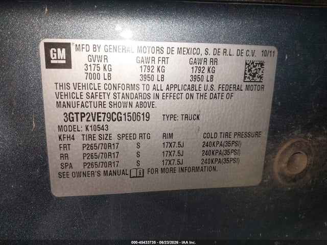 Aukcja sprzedaży 2012 Gmc Sierra 1500 Sle, vin: 3GTP2VE79CG150619, numer aukcji: 45433735