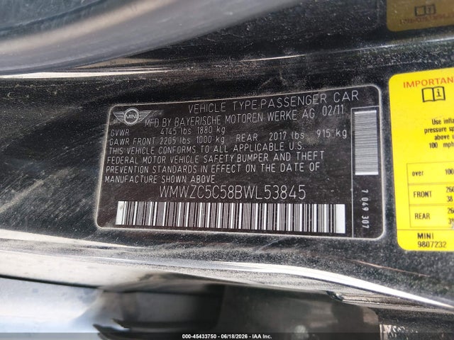 45433750 :رقم المزاد ، WMWZC5C58BWL53845 vin ، 2011 Mini Cooper S Countryman مزاد بيع