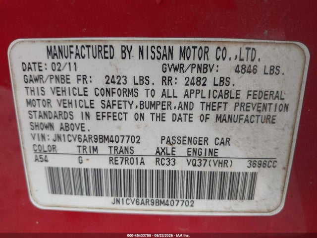 Продажа на аукционе авто 2011 Infiniti G37x, vin: JN1CV6AR9BM407702, номер лота: 45433755
