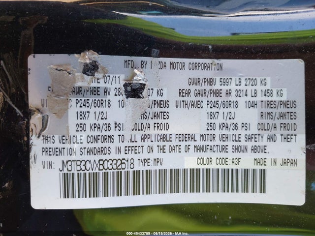 Aukcja sprzedaży 2011 Mazda Cx-9 Touring, vin: JM3TB3CVXB0332618, numer aukcji: 45433759