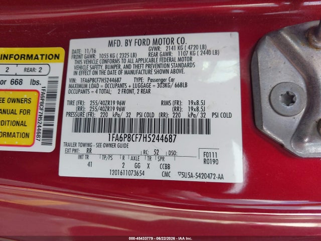Продажа на аукционе авто 2017 Ford Mustang Gt/gt Premium, vin: 1FA6P8CF7H5244687, номер лота: 45433779