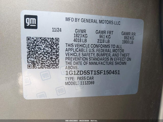 1G1ZD5ST1SF150451 Chevrolet Malibu Fwd 1lt