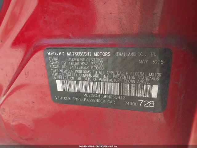 Продажа на аукционе авто 2015 Mitsubishi Mirage Es, vin: ML32A4HJ6FH050912, номер лота: 45433804