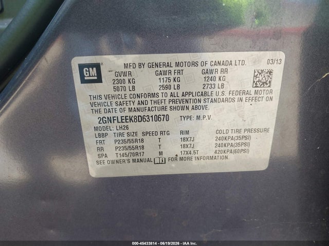 Продаж на аукціоні авто 2013 Chevrolet Equinox 1lt, vin: 2GNFLEEK8D6310670, номер лоту: 45433814