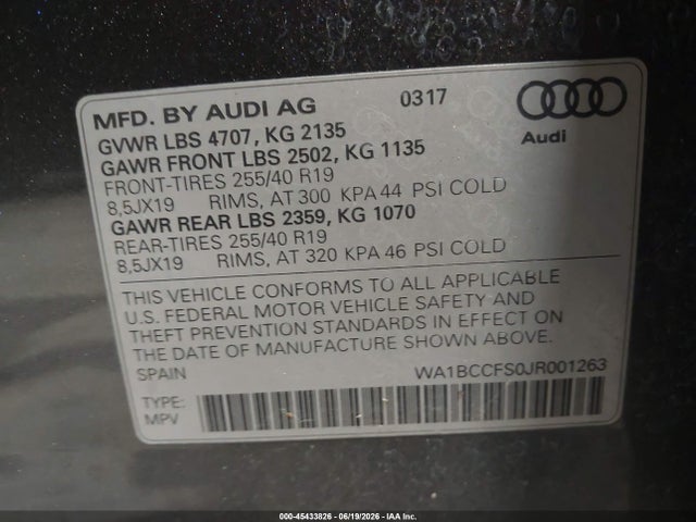 Aukcja sprzedaży 2018 Audi Q3 2.0t Premium/2.0t Sport Premium, vin: WA1BCCFS0JR001263, numer aukcji: 45433826