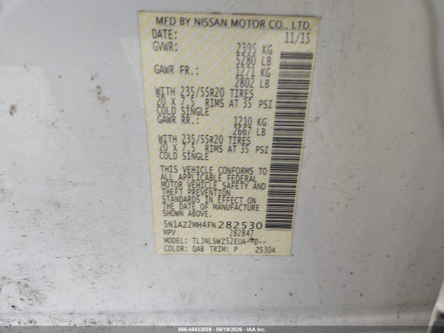 2015 Nissan Murano Platinum მანქანა იყიდება აუქციონზე, vin: 5N1AZ2MH4FN282530, აუქციონის ნომერი: 45433859