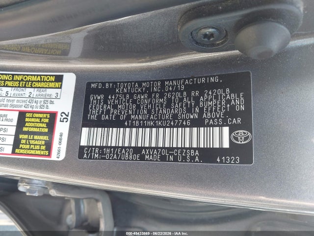 2019 Toyota Camry Se მანქანა იყიდება აუქციონზე, vin: 4T1B11HK1KU247746, აუქციონის ნომერი: 45433869