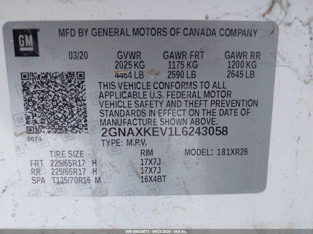 2GNAXKEV1L6243058 Chevrolet Equinox Fwd Lt 1.5l Turbo