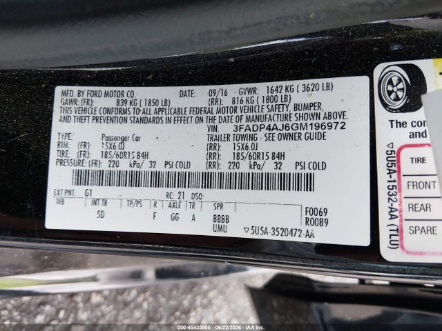 Aukcja sprzedaży 2016 Ford Fiesta S, vin: 3FADP4AJ6GM196972, numer aukcji: 45433900