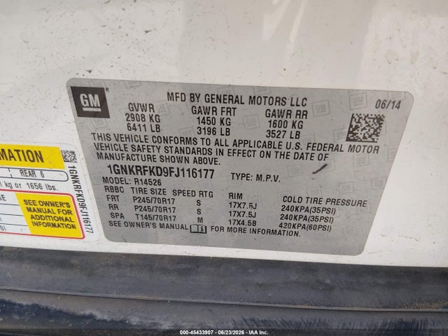 Продаж на аукціоні авто 2015 Chevrolet Traverse Ls, vin: 1GNKRFKD9FJ116177, номер лоту: 45433907