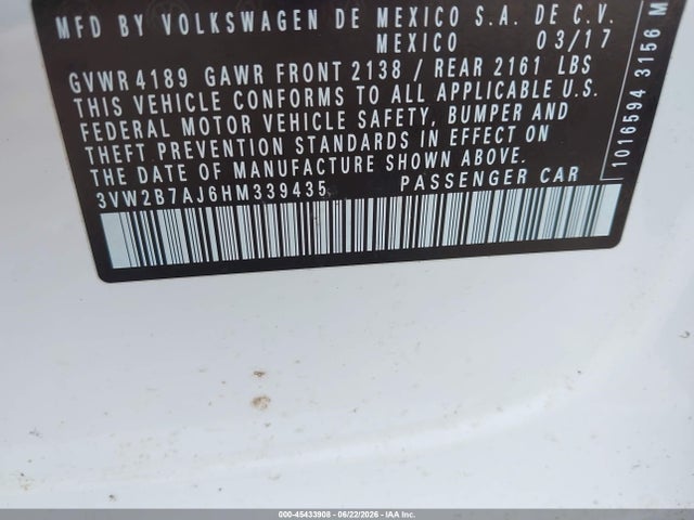 2017 Volkswagen Jetta 1.4t S მანქანა იყიდება აუქციონზე, vin: 3VW2B7AJ6HM339435, აუქციონის ნომერი: 45433908