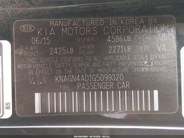 2016 Kia Optima Hybrid Ex მანქანა იყიდება აუქციონზე, vin: KNAGN4AD1G5099320, აუქციონის ნომერი: 45433909