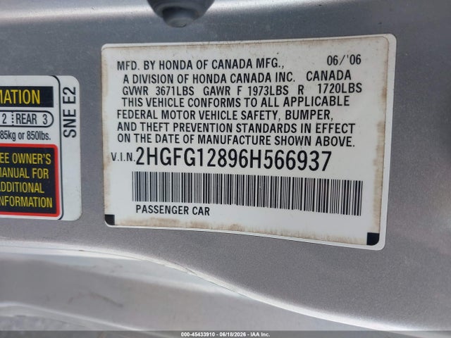 2006 Honda Civic Ex მანქანა იყიდება აუქციონზე, vin: 2HGFG12896H566937, აუქციონის ნომერი: 45433910