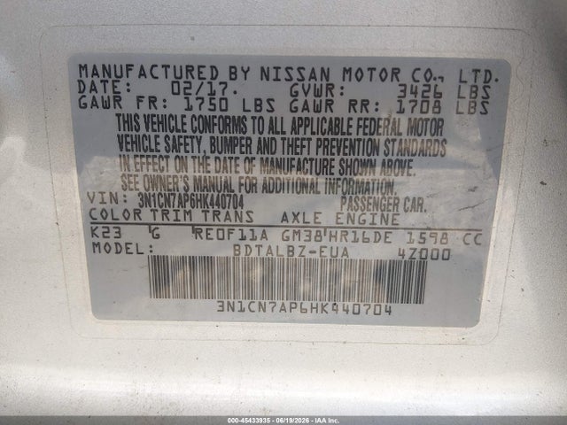 2017 Nissan Versa 1.6 Sv მანქანა იყიდება აუქციონზე, vin: 3N1CN7AP6HK440704, აუქციონის ნომერი: 45433935