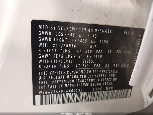 Продаж на аукціоні авто 2015 Volkswagen Tiguan S, vin: WVGAV7AX9FW604299, номер лоту: 45434015