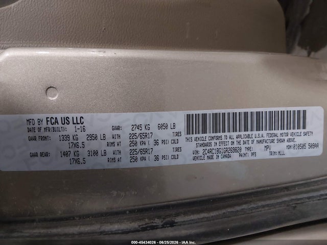2016 Chrysler Town & Country Touring მანქანა იყიდება აუქციონზე, vin: 2C4RC1BG1GR269820, აუქციონის ნომერი: 45434026