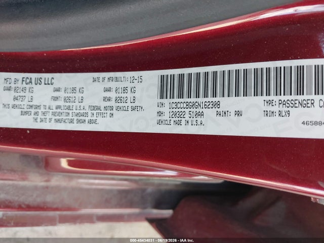 2016 Chrysler 200 S მანქანა იყიდება აუქციონზე, vin: 1C3CCCBG0GN162308, აუქციონის ნომერი: 45434031
