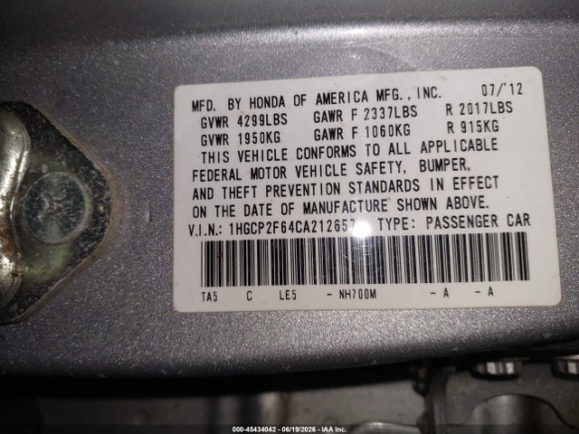Aukcja sprzedaży 2012 Honda Accord 2.4 Se, vin: 1HGCP2F64CA212657, numer aukcji: 45434042