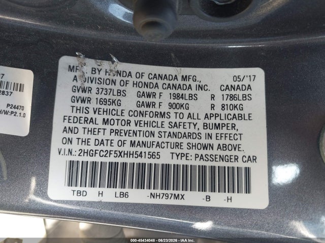 Honda Civic Lx 2017 2HGFC2F5XHH541565 Image 9