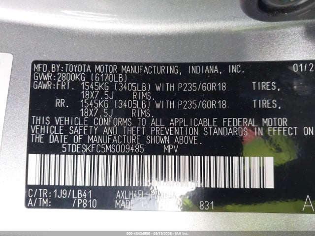 Aukcja sprzedaży 2021 Toyota Sienna Platinum, vin: 5TDESKFC5MS009485, numer aukcji: 45434058