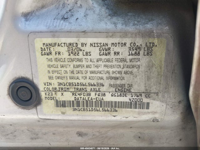 2006 Nissan Sentra 1.8s მანქანა იყიდება აუქციონზე, vin: 3N1CB51D56L566336, აუქციონის ნომერი: 45434071