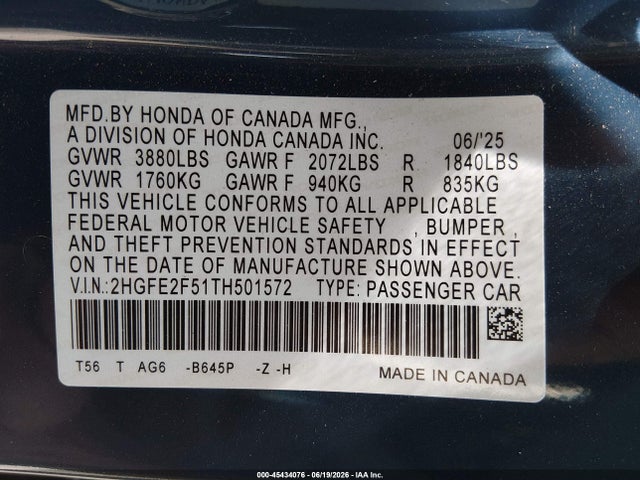 2HGFE2F51TH501572 Honda Civic Sport