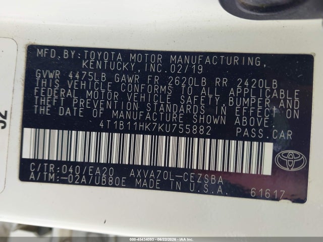 2019 Toyota Camry Se მანქანა იყიდება აუქციონზე, vin: 4T1B11HK7KU755882, აუქციონის ნომერი: 45434093